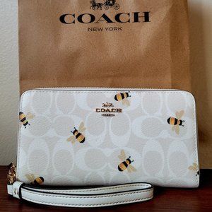 Coach Long Zip Around Wallet In Signature Canvas With Bee Print